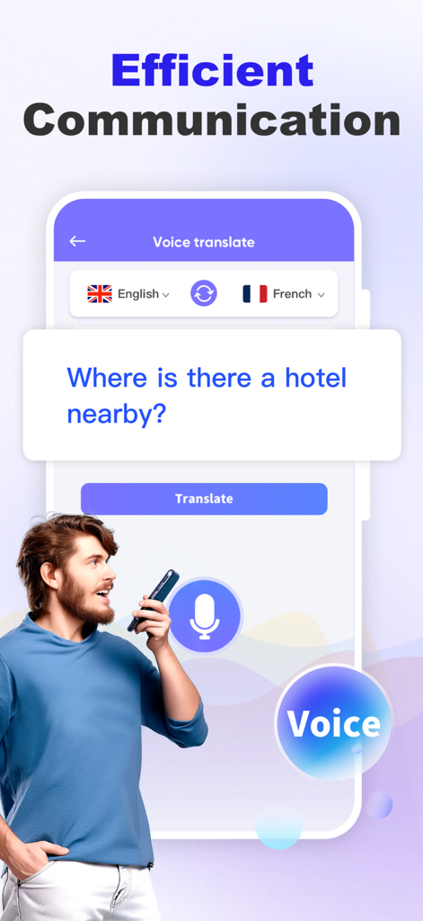 GlobaTalk AI - Un homme utilisant la fonction de traduction vocale de l'application GlobaTalk AI pour traduire de l'anglais vers le français