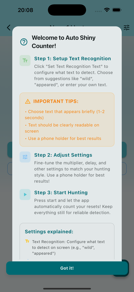 Auto Shiny Counter - A step by step tutorial screen for the Auto Shiny Counter app showing how to set up text recognition and start automatic tracking