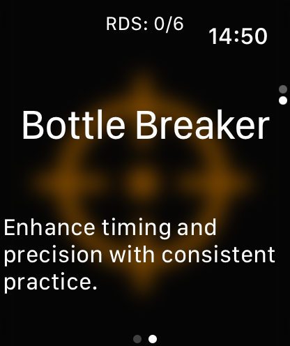Wrist Stability - Captura de pantalla del modo de juego Bottle Breaker en la interfaz de la aplicación Estabilidad de Muñeca para Apple Watch