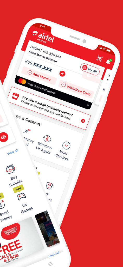 My Airtel Africa - L'interface de l'application Mon Airtel Afrique montrant le solde d'argent mobile et les options de transaction.
