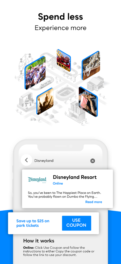 My Deals Mobile - My Deals Mobile app interface featuring a Disneyland Resort coupon for park tickets