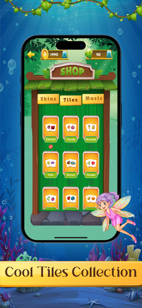 Tile Match Master Game - Écran de la boutique dans Tile Match Master Game montrant différents ensembles de tuiles, y compris des bonbons, des poissons et des fleurs