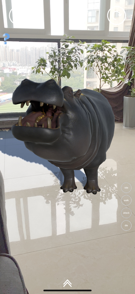 Real AR Zoo - 밝은 거실에서 입을 벌린 3D 증강 현실 하마