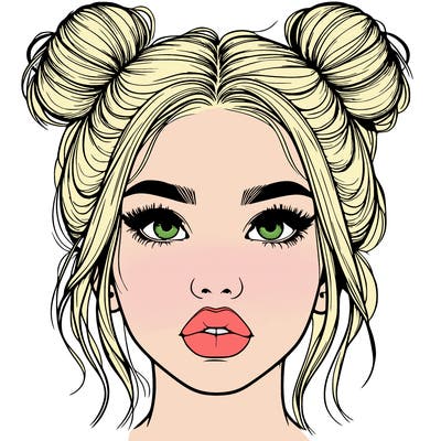realistic girl with two buns on her hair and lips