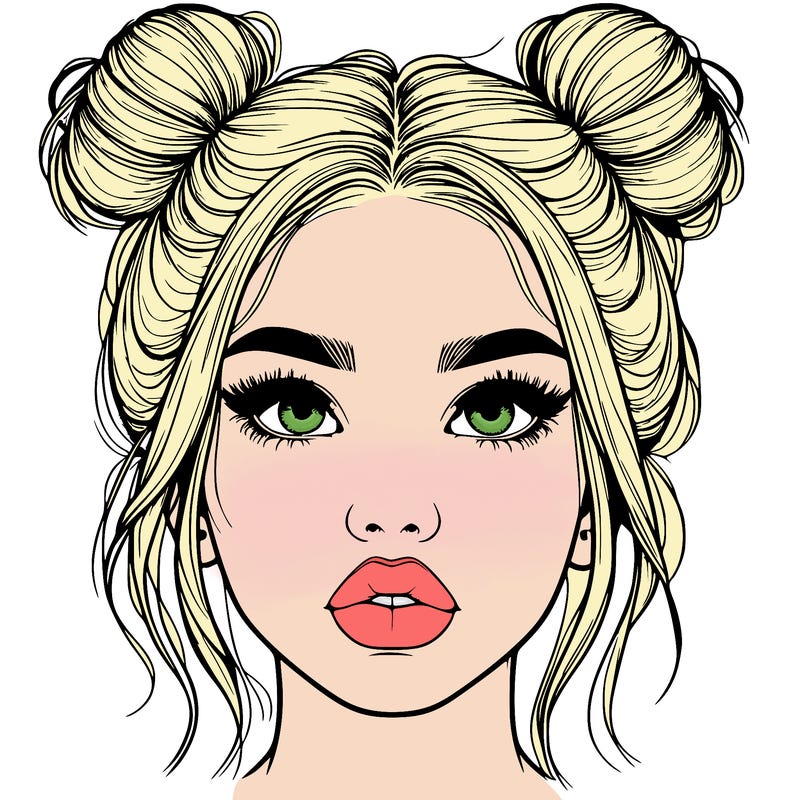 realistic girl with two buns on her hair and lips