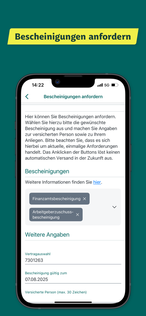 Meine LKHアプリのスマートフォン画面。健康保険証明書をリクエストするためのフォームが表示されています。