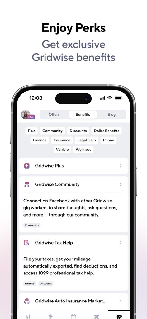 Gridwise app interface displaying exclusive benefits and perks for gig drivers like tax help and insurance