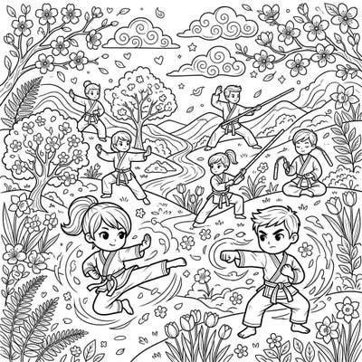 Experience the energy of martial arts combined with the beauty of spring in this engaging coloring page. Children practice powerful moves amidst a landscape bursting with flowers and vibrant nature, ready for your creative touch.