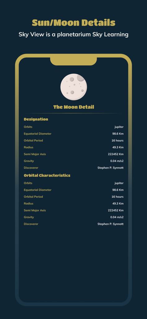 Skyview : Explore Universe - Mobile app screen showing detailed astronomical data and orbital characteristics of the moon in the Skyview app