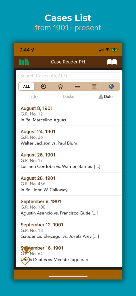 Lista de búsqueda de casos legales filipinos desde 1901 hasta la fecha en la interfaz de la aplicación CaseReaderPH