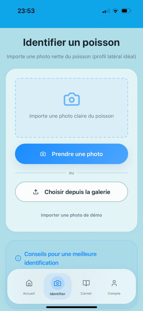 FishScan - FishScan app screen for identifying fish via camera or gallery upload