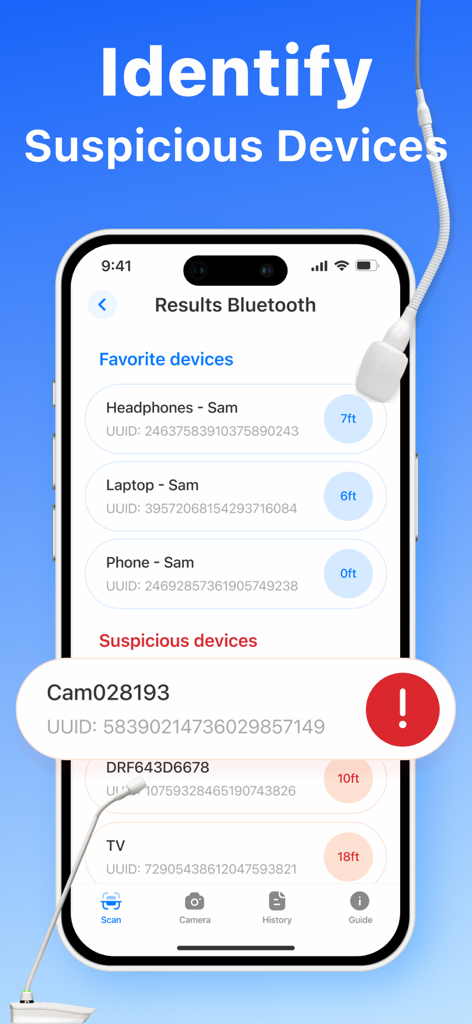 Hidden Spy Camera Detector App - 숨겨진 몰래카메라 탐지 앱 화면에서 의심스러운 블루투스 장치를 식별하는 중