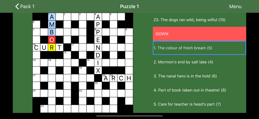 Cryptic crossword puzzle grid and clue list in landscape orientation