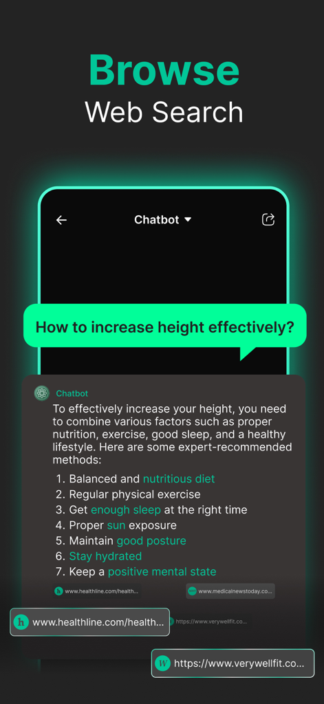 AI Chatbot 4 - Chat with AI - AI Chatbot 4 app interface showing a web search result with source citations for a health query