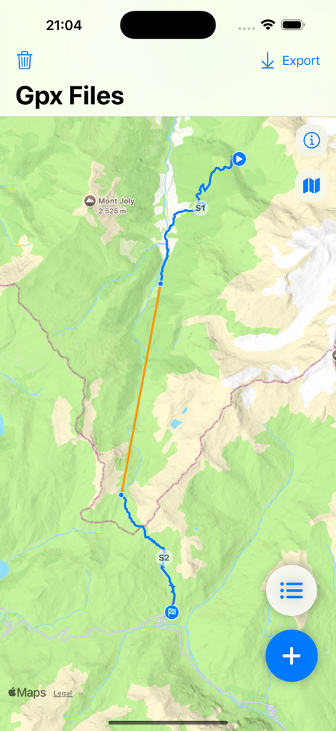 Merge GPX - A topographical map showing two blue GPS track segments labeled S1 and S2 connected by an orange line in the Merge GPX app interface
