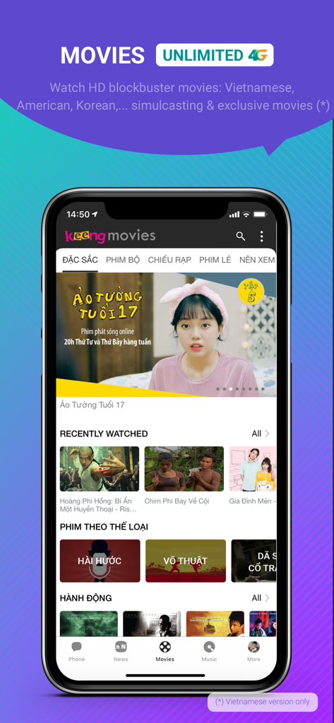 Interfaz de la aplicación Mocha mostrando la sección de películas Keeng con varios títulos y categorías de películas vietnamitas.