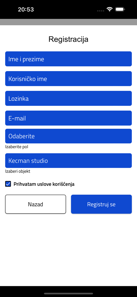 1MAN STUDIO - User registration screen for the 1MAN STUDIO fitness app
