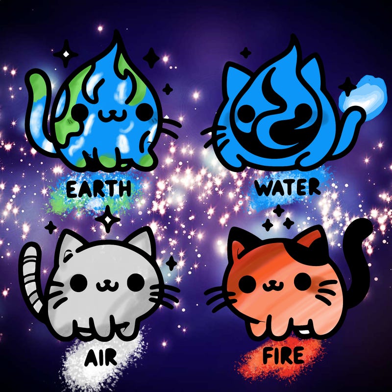 4 cats that represent the different elements, earth, water, air, and fire