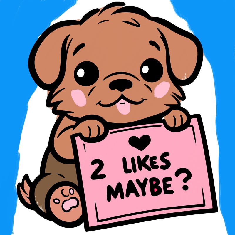 a puppy holding a sign that says 2 likes maybe?