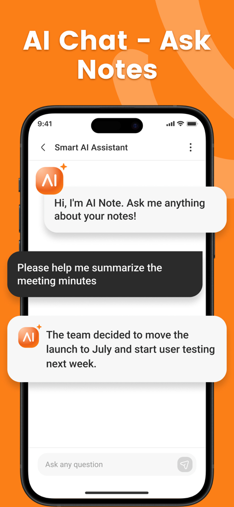 Note AI: Voice AI Transcribe - Captura de pantalla de la interfaz de chat de la aplicación Note AI mostrando un asistente de IA resumiendo las actas de una reunión en un smartphone.