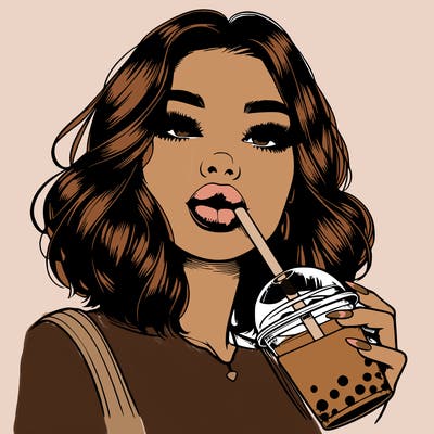 realistic girl with glossy lips holding boba