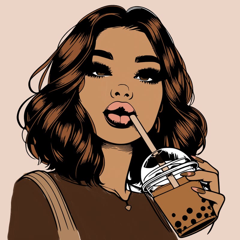 realistic girl with glossy lips holding boba