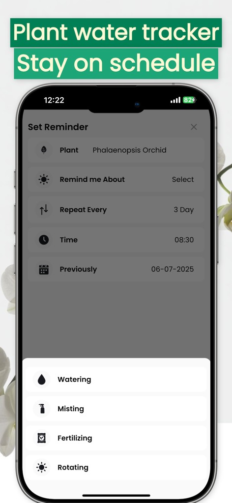 Orchid Care - Plant identifier - A mobile screen showing the orchid care reminder setup for watering misting and fertilizing tasks