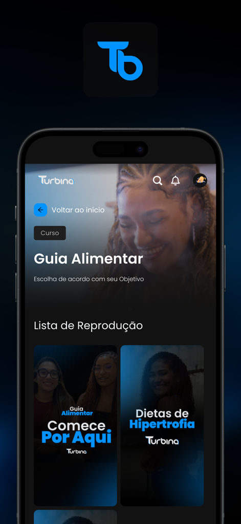 Turbina App nutrition guide interface showing dietary plans and hypertrophy diet options