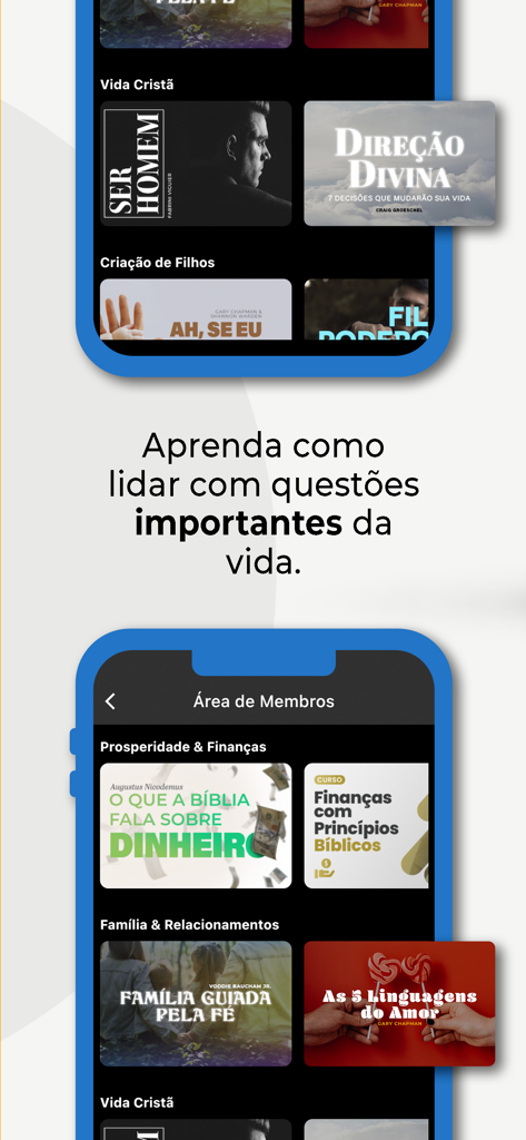Captura de tela do app Biblia Sagrada Mobidic exibindo cursos sobre vida crista, financas e relacionamentos.