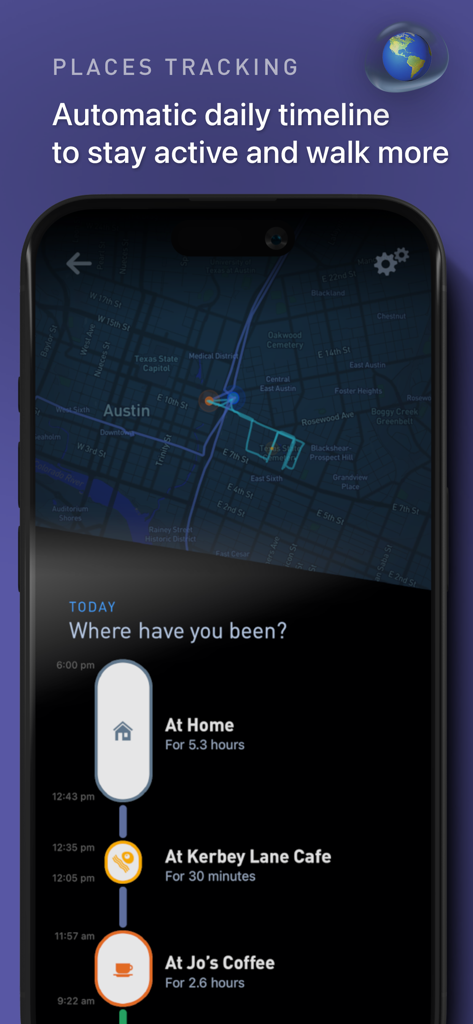 Gyroscope - Gyroscope app screen showing automatic daily timeline of places visited with map tracking