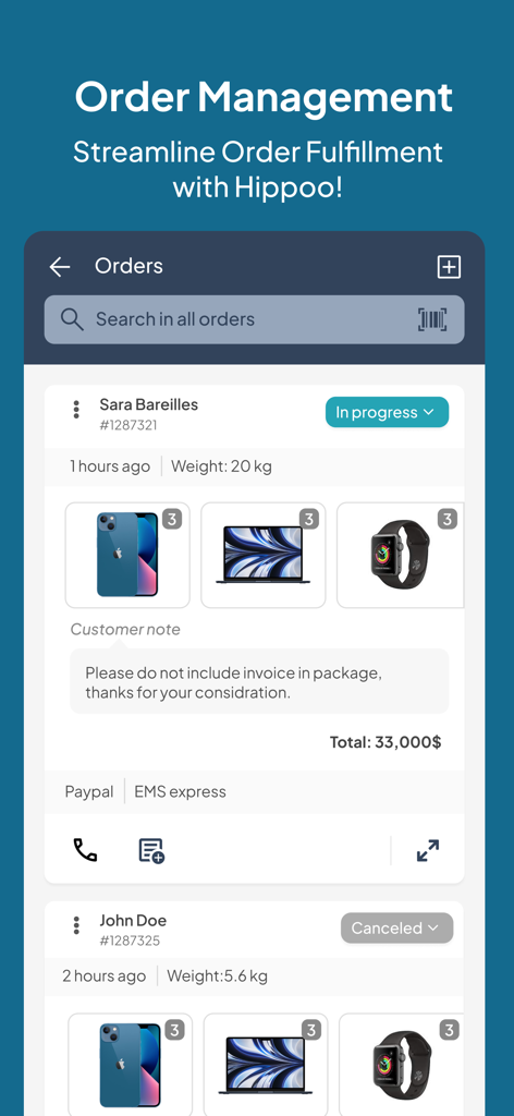 Hippoo App-Bildschirm für WooCommerce-Bestellverwaltung und -abwicklung.