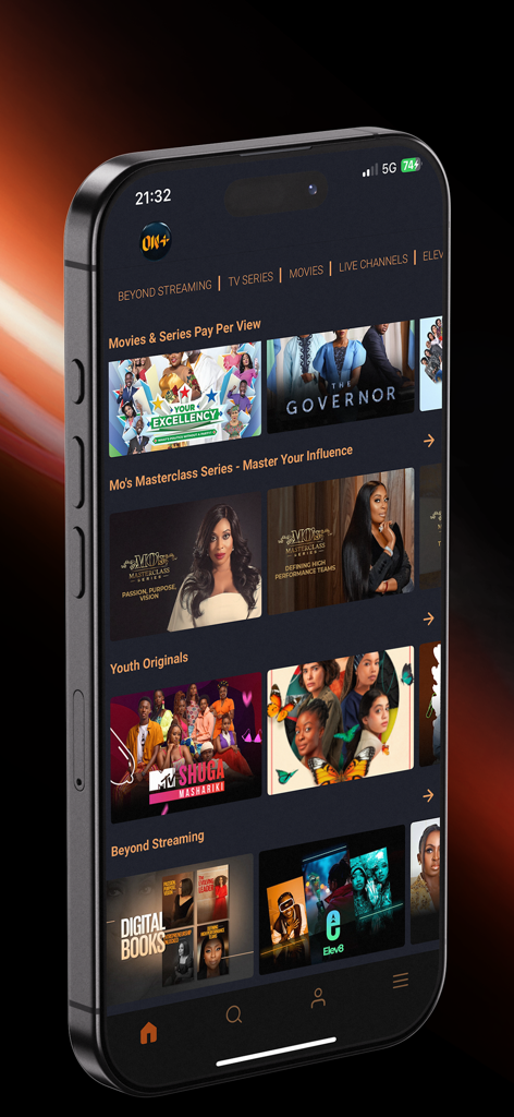 EbonyLife ON Plus app interface showing categories for African movies, TV series, and masterclasses.
