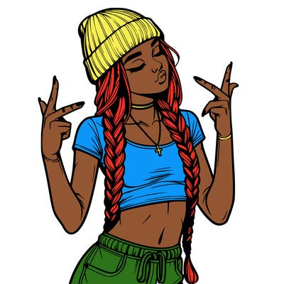 realistic teenage girl with braids and a beanie and crop top doing 🫶🏼