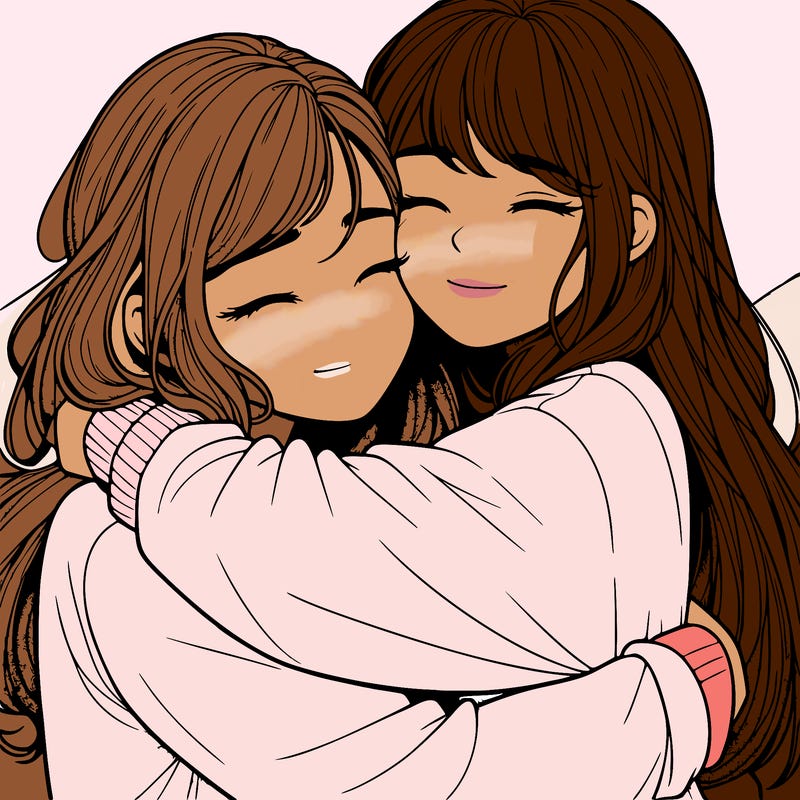 realistic two girls hugging