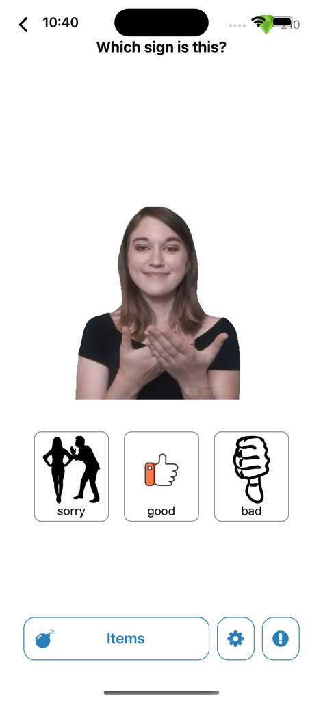 An interactive sign language quiz question in the Pocket Sign mobile app interface