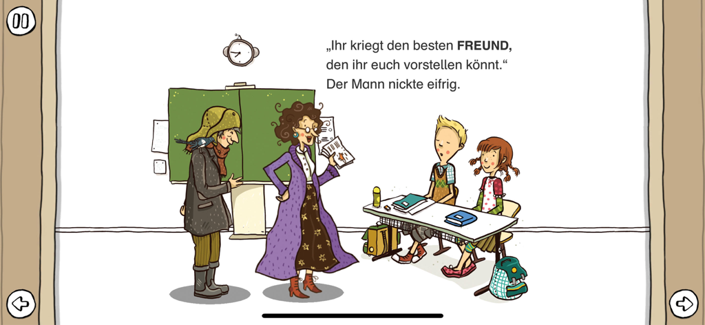 Lesestart zum Lesenlernen - A scene from a German children story in the Lesestart app showing characters in a classroom.