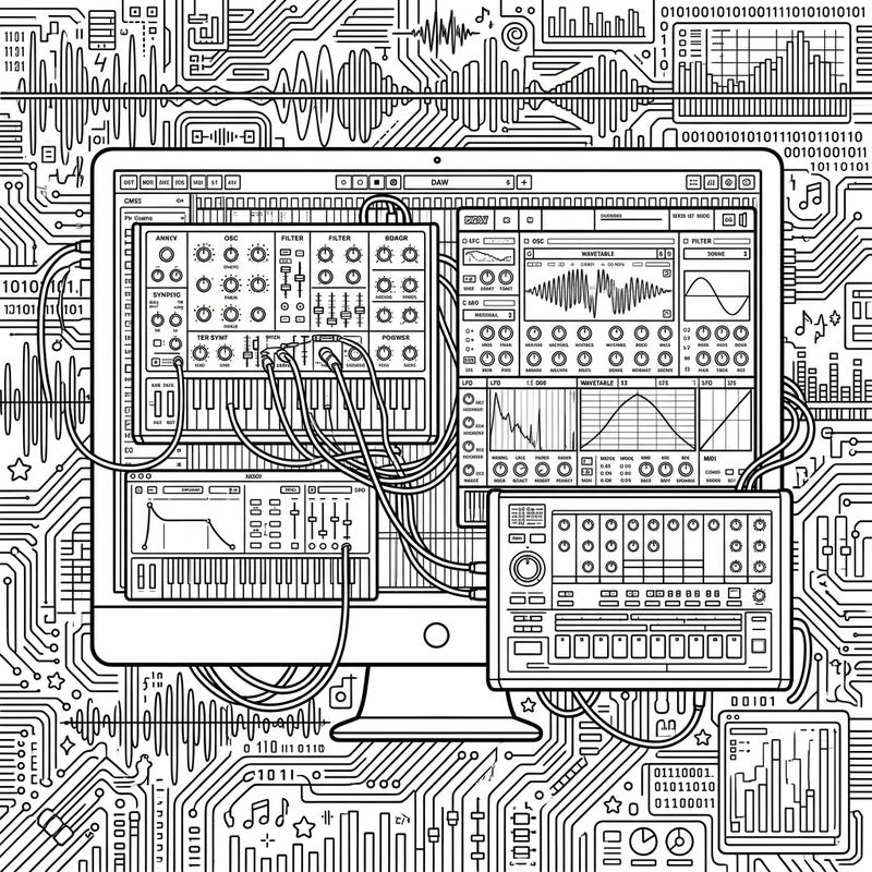 Step into the intricate world of digital sound creation with this detailed software synthesizer coloring page. Perfect for music producers, tech enthusiasts, and anyone who loves complex designs, it offers a unique blend of art and technology.