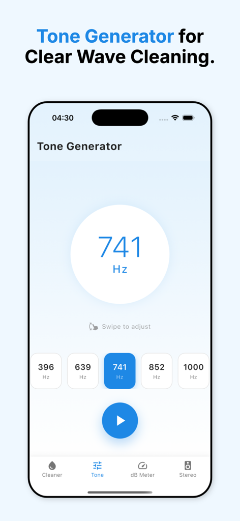 Speaker Cleaner & Clear Wave - Interface of the Speaker Cleaner and Clear Wave app showing the Tone Generator feature with a selected frequency of 741 Hz