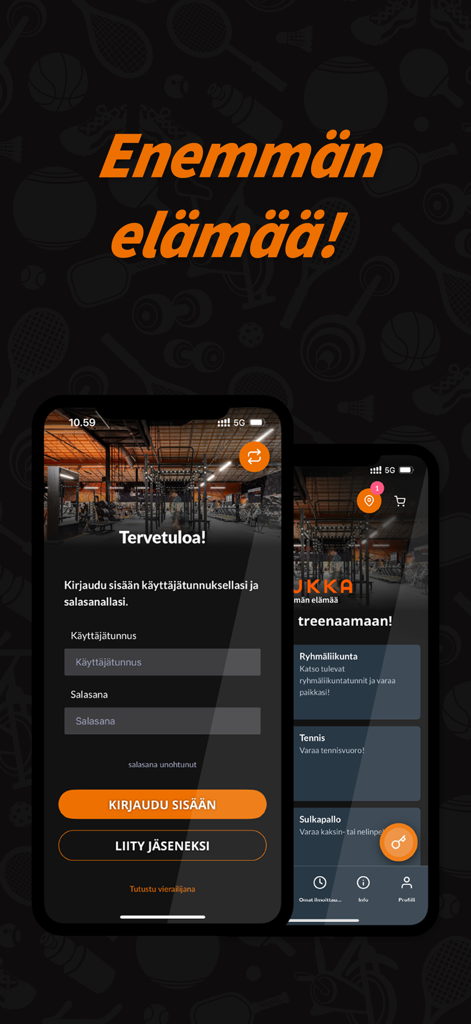 Liikuntakeskus Hukka - Mobile interface of Liikuntakeskus Hukka showing login and class booking options