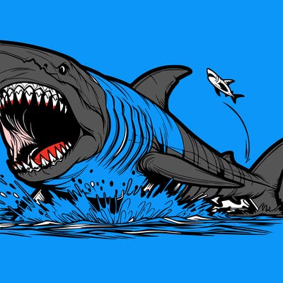 giant megalodon, white shark attack