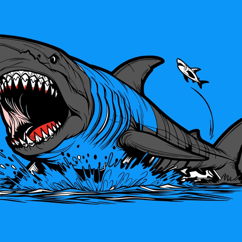 giant megalodon, white shark attack