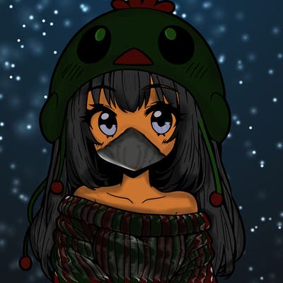 anime girl with chick shaped hat with sweater with bare shoulders with bangs covering them one eye with low tail