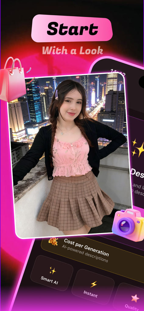 Meeti - Discover & Enjoy - Interface de l'application Meeti montrant une photo de tenue avec des fonctionnalités de description de mode IA