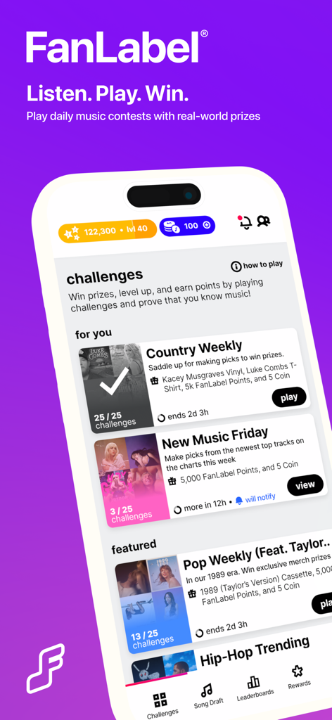 FanLabel app interface showing daily music challenges for country and pop music with rewards like merch and points