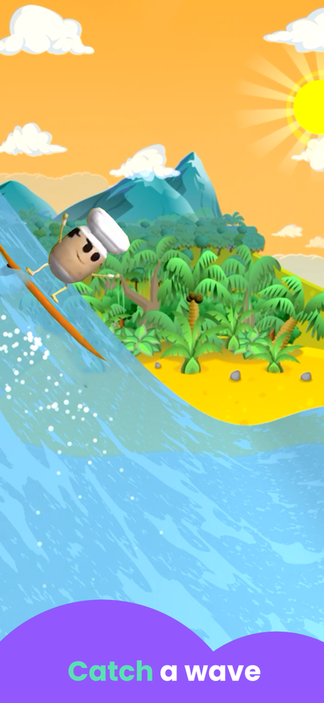 A cartoon character in a chef hat surfing on a large wave with a tropical beach and sunny mountain background