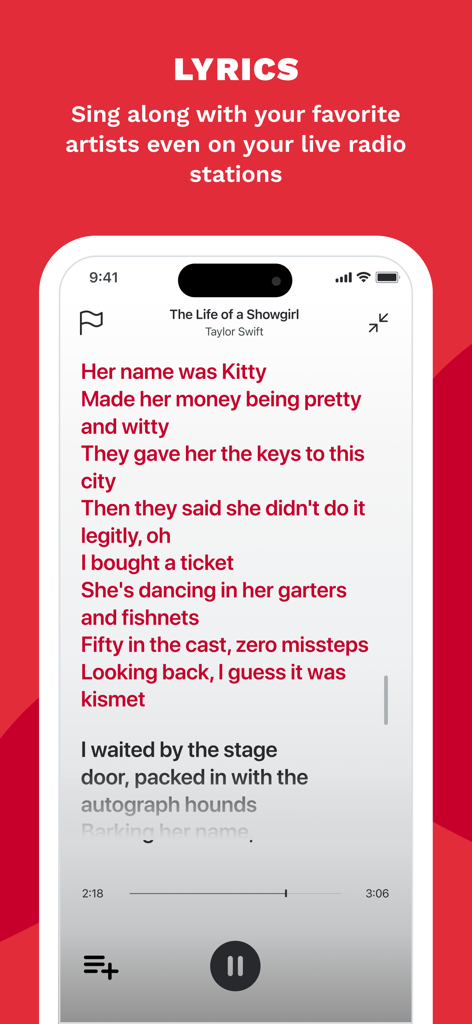 iPhone screen displaying synchronized song lyrics on the iHeartRadio app