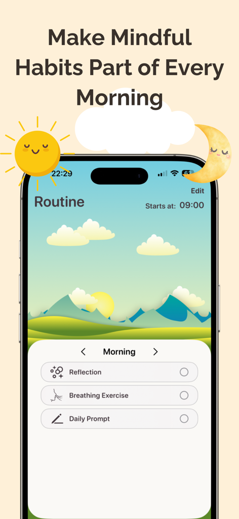 Gratitude Journal & Self Care - Interface showing a morning routine checklist with reflection and breathing exercises