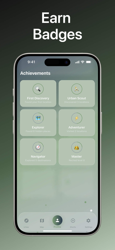 Écran des réalisations dans l'application Urbex Abandoned World montrant les badges gagnés pour les activités d'exploration urbaine