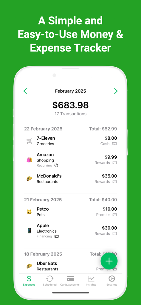 Interfaccia dell'app Trac che mostra un elenco dettagliato di spese categorizzate e il totale delle spese mensili.