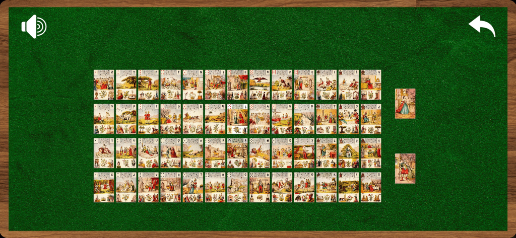 Tirada de cartas de tarot del Grand Jeu de Mlle Lenormand sobre un fondo verde.